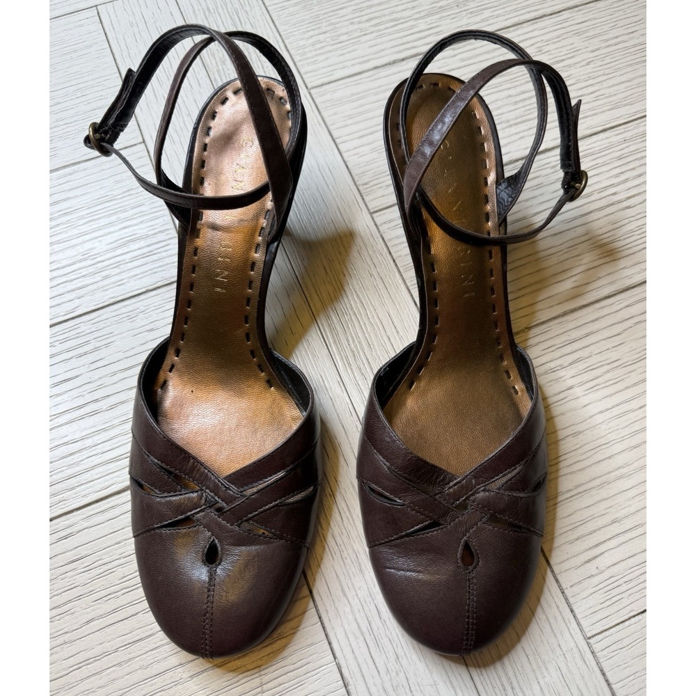 Gianni Bini Women 7.5 M Brown Leather Strappy Closed Toe 2.5" Kitten Heels Shoes